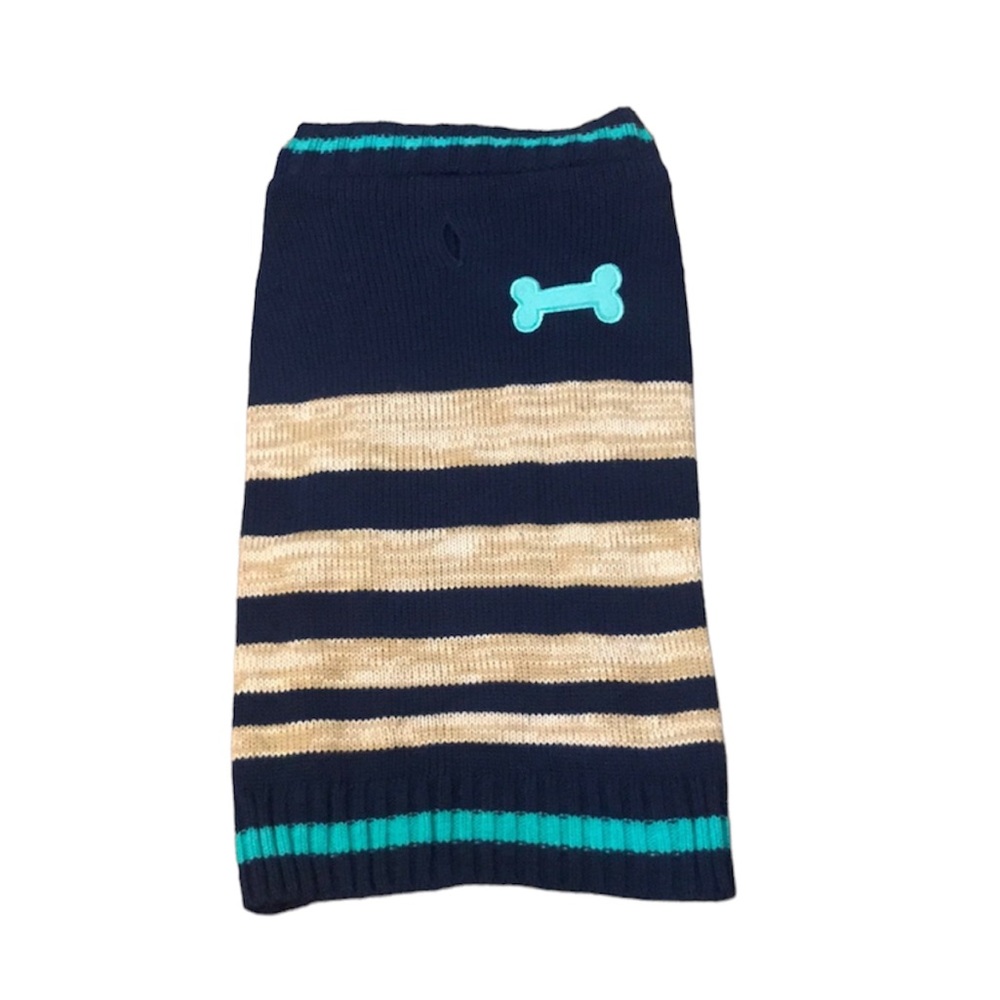 NWOT - Tan, Navy Blue and Teal Stripped Dog Sweater with Bone - Size Large